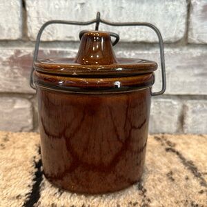 Vintage 4in Small Brown Crock with metal snap lid